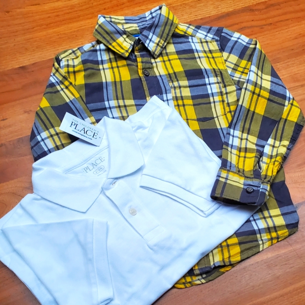 2 pk Size 5 Button Up Collared Shirts: White Polo And Yellow Grey Plaid Flannel